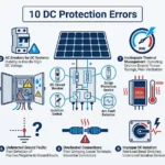 퓨즈 조정, 차단기 전압 불일치, SPD 선택 실수 등 태양광 PV 시스템 고장을 일으키는 10가지 일반적인 DC 보호 오류를 보여주는 인포그래픽