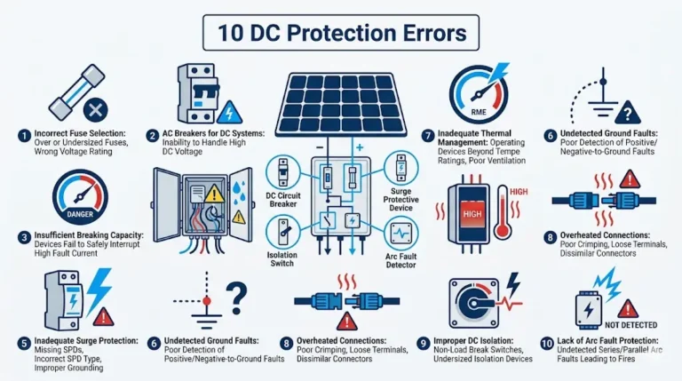 Infographic showing 10 common DC protection errors causing solar PV system failures including fuse coordination, breaker voltage mismatch, and SPD selection mistakes