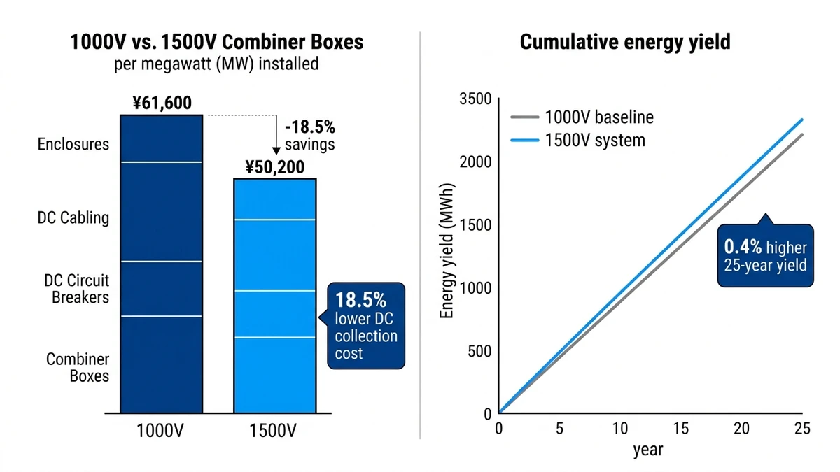 ** `Capital cost breakdown and 25-year energy yield comparison for 1000V versus 1500V PV combiner box systems per MW
