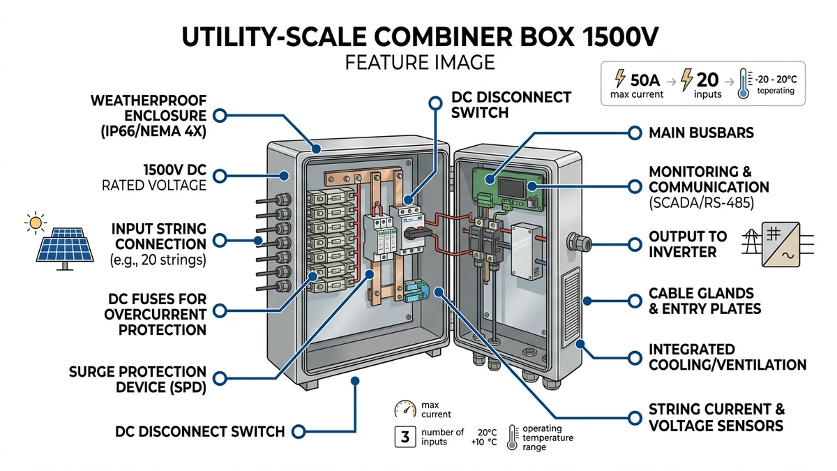 ** `1000V versus 1500V PV combiner box front panel comparison showing component layout and clearance differences