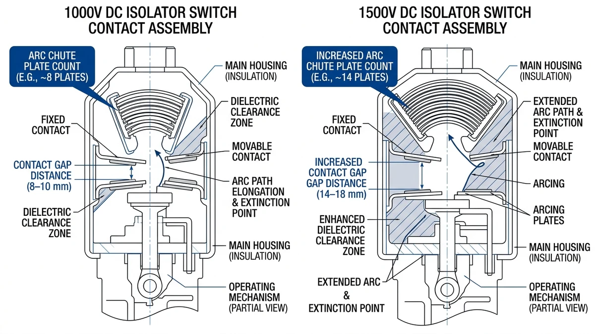 ** 1500V DC isolator comparison showing larger contact gap and arc chute design - **Caption:** Figure 1. Comparison of 1000V and 1500V DC isolator contact geometry shows increased gap distance and arc-control requirements at higher voltage. - **Suggested aspect ratio:** 16:9