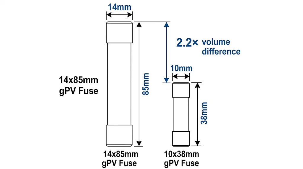 14x85mm and 10x38mm PV fuse size comparison showing dimensional differences for solar string protection