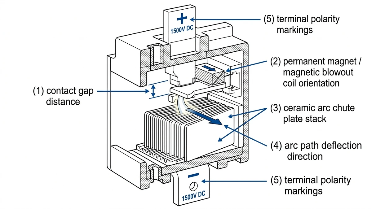 ** 1500V DC circuit breaker diagram showing contact gap, arc chute, and blowout coil - **Caption:** Figure 1. Internal 1500V DC breaker structure showing the arc elongation path and enlarged contact separation required versus 1000V designs. - **Suggested aspect ratio:** 16:9