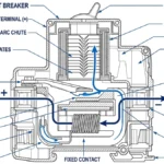 ** 1500V DC circuit breaker cross-section showing arc chute, contact gap, and polarity - **Caption:** Figure 1. Cross-sectional view of a 1500V DC circuit breaker highlighting arc control components for PV protection.