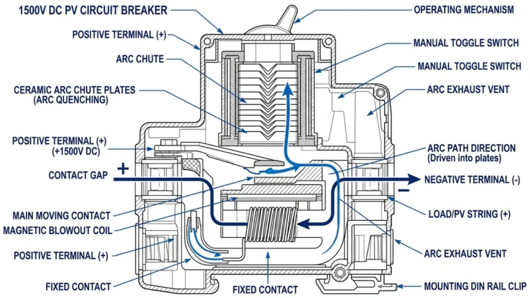** 1500V DC circuit breaker cross-section showing arc chute, contact gap, and polarity - **Caption:** Figure 1. Cross-sectional view of a 1500V DC circuit breaker highlighting arc control components for PV protection.