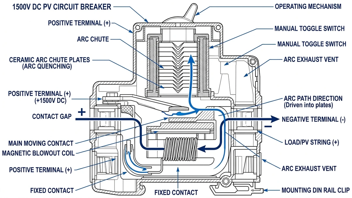 ** 1500V DC circuit breaker cross-section showing arc chute, contact gap, and polarity - **Caption:** Figure 1. Cross-sectional view of a 1500V DC circuit breaker highlighting arc control components for PV protection.