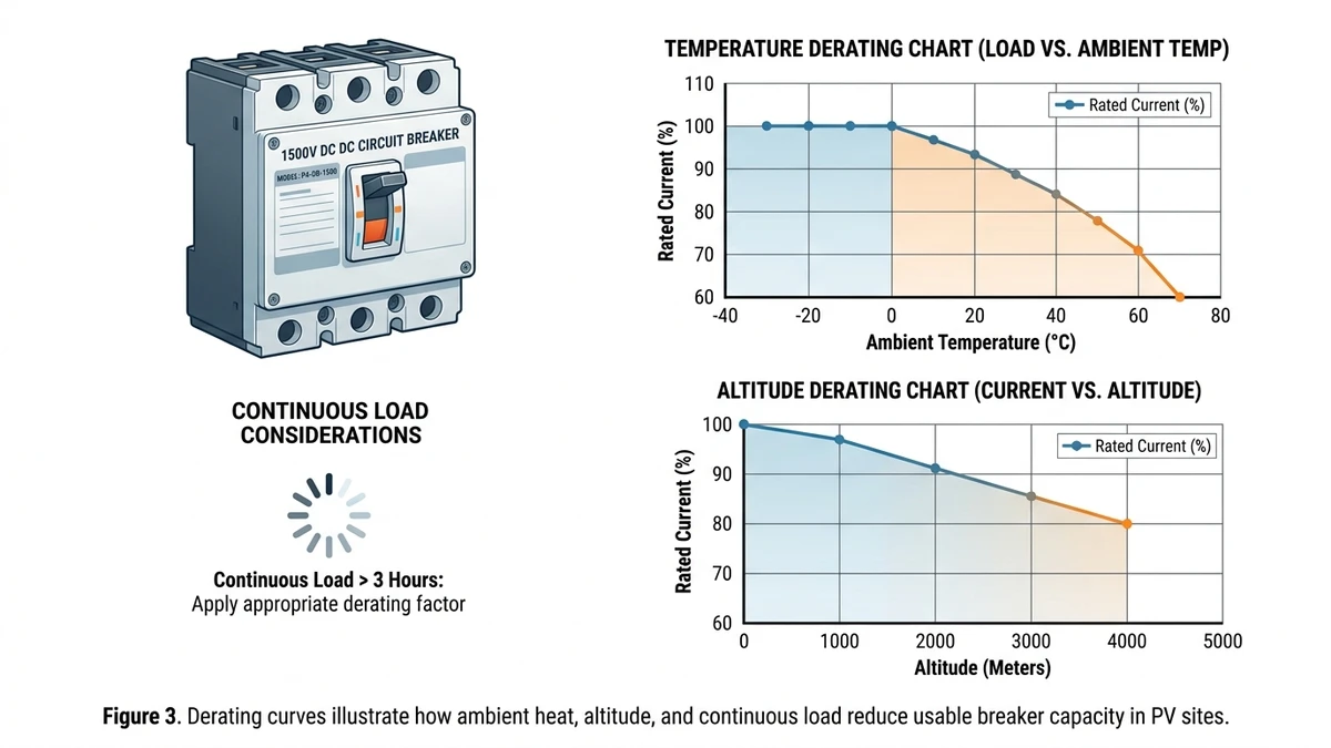 ** 1500V DC circuit breaker derating charts for temperature altitude and continuous load - **Caption:** Figure 3. Derating curves illustrate how ambient heat, altitude, and continuous load reduce usable breaker capacity in PV sites. - **Suggested aspect ratio:** 16:9
