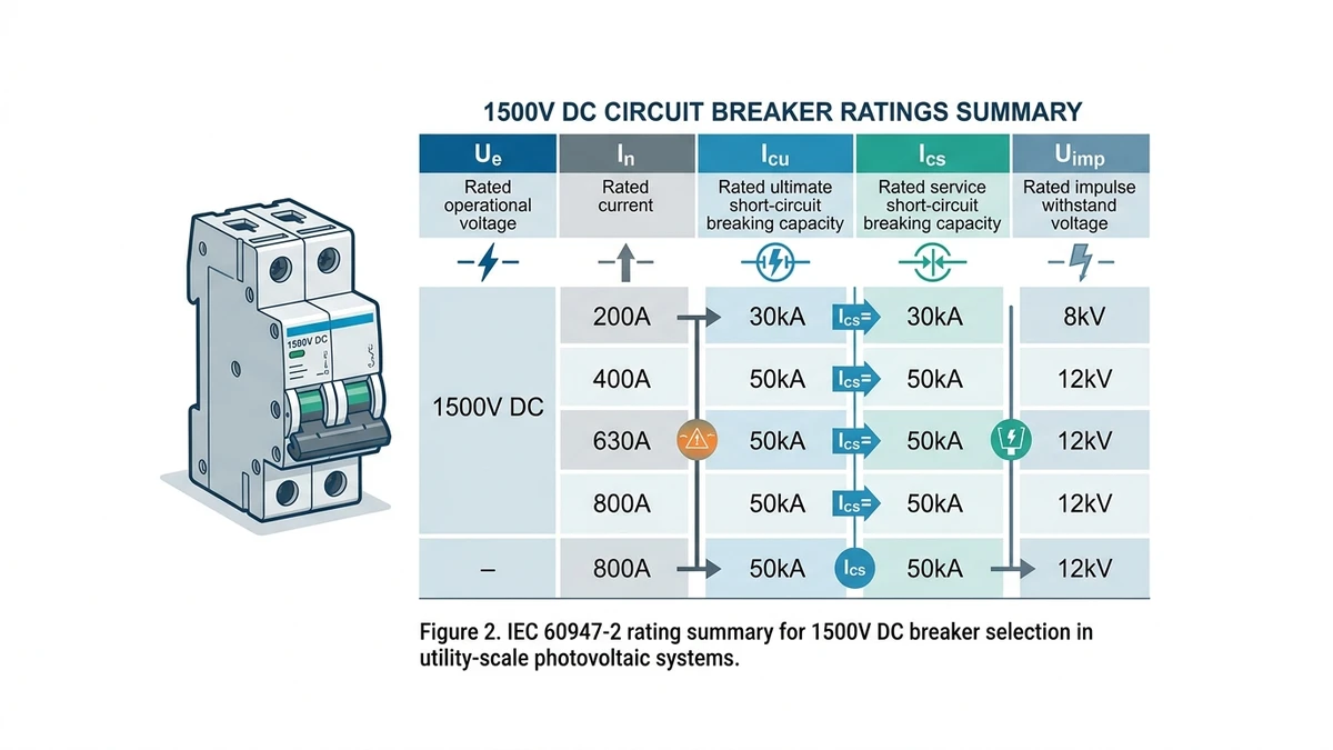 ** 1500V DC circuit breaker ratings table comparing Ue In Icu Ics and Uimp - **Caption:** Figure 2. IEC 60947-2 rating summary for 1500V DC breaker selection in utility-scale photovoltaic systems. - **Suggested aspect ratio:** 16:9