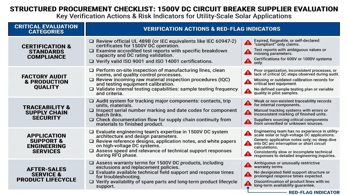 ** 1500V DC circuit breaker vendor checklist covering certification audit traceability and support - **Caption:** Figure 4. Vendor evaluation matrix highlighting the verification points that matter beyond headline datasheet ratings. - **Suggested aspect ratio:** 4:3