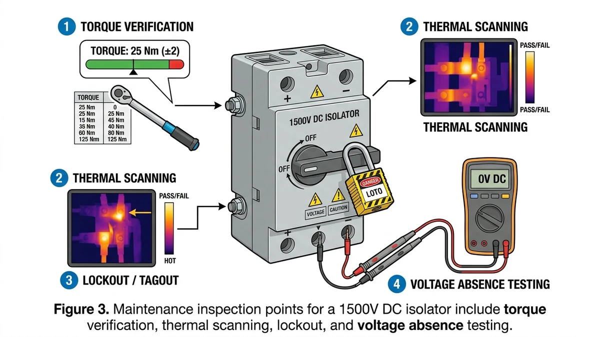 ** 1500V DC isolator maintenance diagram showing torque, thermography, LOTO, and testing - **Caption:** Figure 3. Maintenance inspection points for a 1500V DC isolator include torque verification, thermal scanning, lockout, and voltage absence testing. - **Suggested aspect ratio:** 16:9