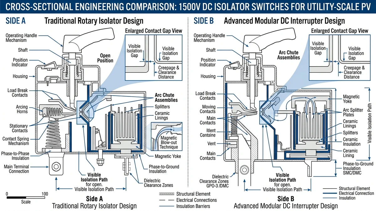 ** 1500V DC isolator switch cross-section showing arc chute, contact gap, and clearances - **Caption:** Figure 1. Cross-sectional view of a 1500V DC isolator switch highlighting arc-control and insulation features for utility PV duty.
