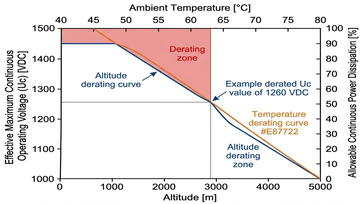 ** 1500V DC SPD derating chart for altitude and high temperature conditions - **Caption:** Figure 4. Altitude and enclosure heat can significantly reduce effective Uc margin in 1500V DC SPD applications. - **Suggested aspect ratio:** 4:3