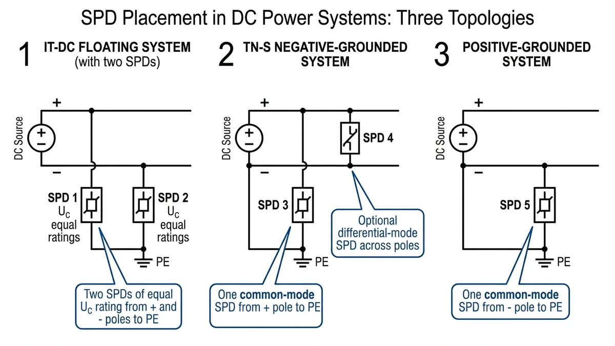 ** 1500V DC SPD wiring for floating, negative-grounded, and positive-grounded systems - **Caption:** Figure 3. SPD wiring mode must match the actual DC grounding topology to maintain effective surge protection. - **Suggested aspect ratio:** 16:9