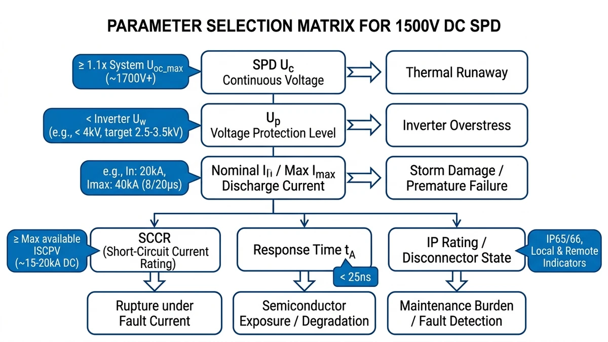 ** 1500V DC SPD selection matrix linking ratings to field failure risks - **Caption:** Figure 2. Six selection parameters determine whether a 1500V DC SPD protects reliably or fails prematurely. - **Suggested aspect ratio:** 16:9