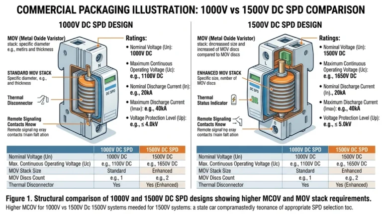 ** 1500V DC SPD and 1000V design comparison showing MOV stack and ratings - **Caption:** Figure 1. Structural comparison of 1000V and 1500V DC SPD designs showing higher MCOV and MOV stack requirements.