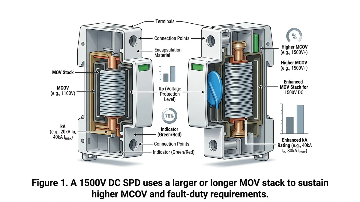 ** 1500V DC SPD cross-section comparing MOV stack height, MCOV, Up, and kA - **Caption:** Figure 1. A 1500V DC SPD uses a larger or longer MOV stack to sustain higher MCOV and fault-duty requirements. - **Suggested aspect ratio:** 16:9