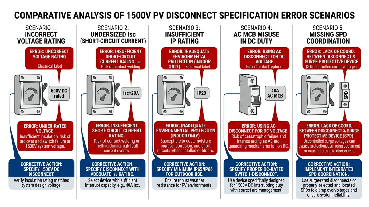 ** 1500V PV disconnect errors showing wrong ratings, AC misuse, and missing SPD - **Caption:** Figure 4. Common 1500V PV disconnect specification errors illustrate how mismatched ratings and missing coordination create field failure risk. - **Suggested aspect ratio:** 16:9