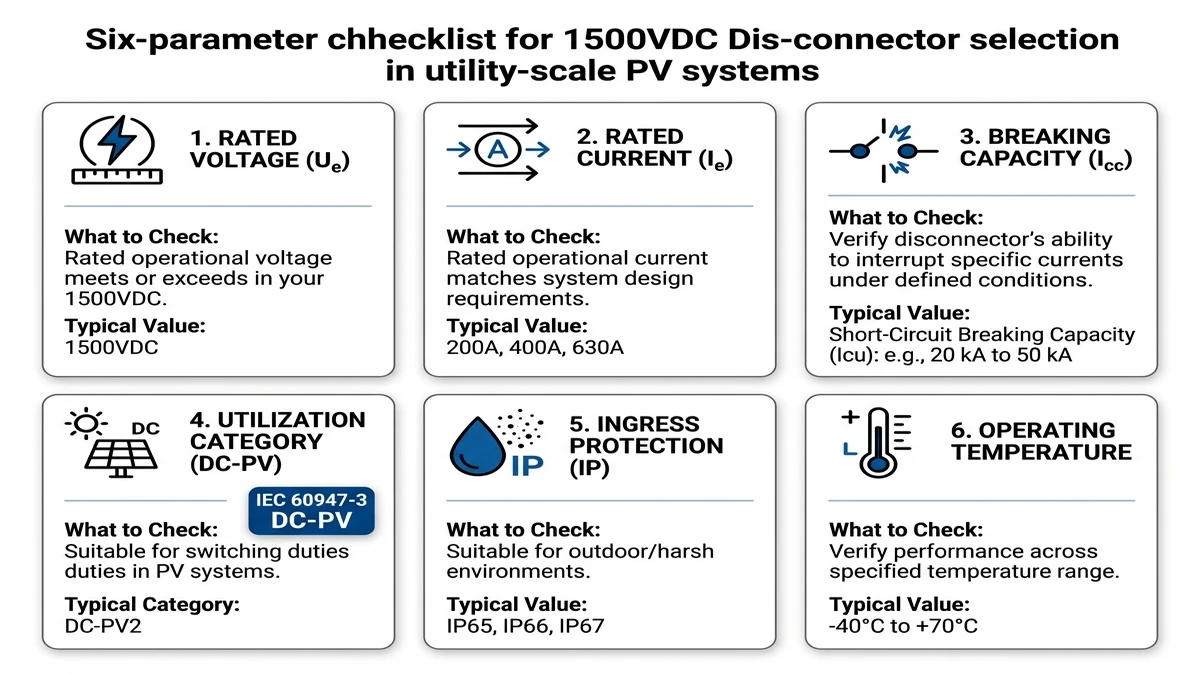 ** 1500VDC disconnector checklist covering voltage, current, breaking capacity, IP, and DC-PV - **Caption:** Figure 2. Six-key parameter checklist summarizes the minimum electrical and environmental checks for 1500VDC disconnector selection. - **Suggested aspect ratio:** 4:3