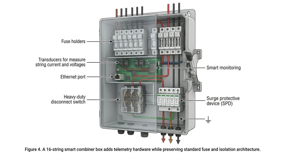 ** Smart PV combiner box cross-section with transducers, Ethernet, SPD, and disconnect switch - **Caption:** Figure 4. A 16-string smart combiner box adds telemetry hardware while preserving standard fuse and isolation architecture. - **Suggested aspect ratio:** 16:9