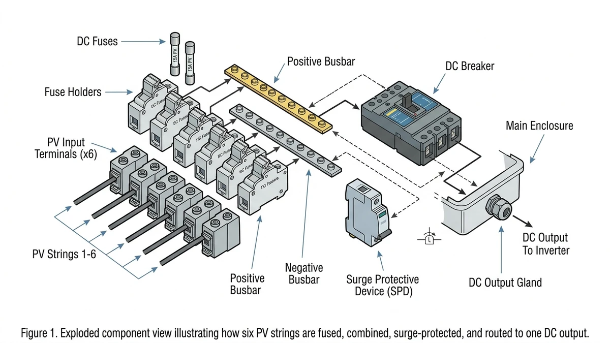 ** 6-string PV combiner box exploded diagram with fuses, busbars, SPD, breaker - **Caption:** Figure 1. Exploded component view illustrating how six PV strings are fused, combined, surge-protected, and routed to one DC output. - **Suggested aspect ratio:** 16:9