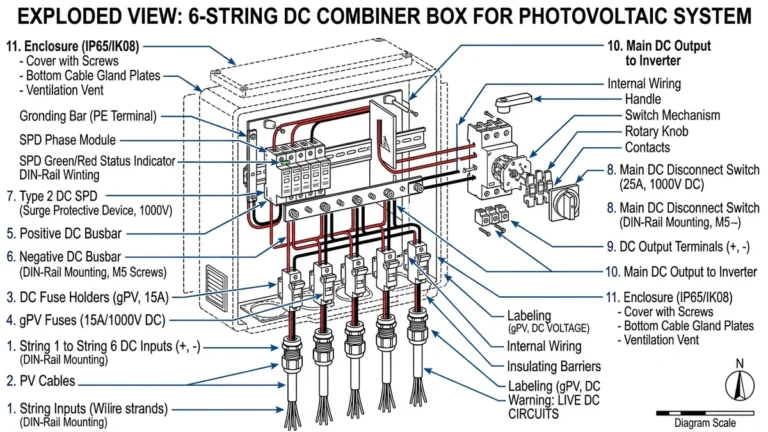 ** 6-string PV combiner box exploded view showing fuses, busbars, SPD, and disconnect - **Caption:** Figure 1. Exploded overview of a 6-string PV combiner box showing the main protection and power distribution components.