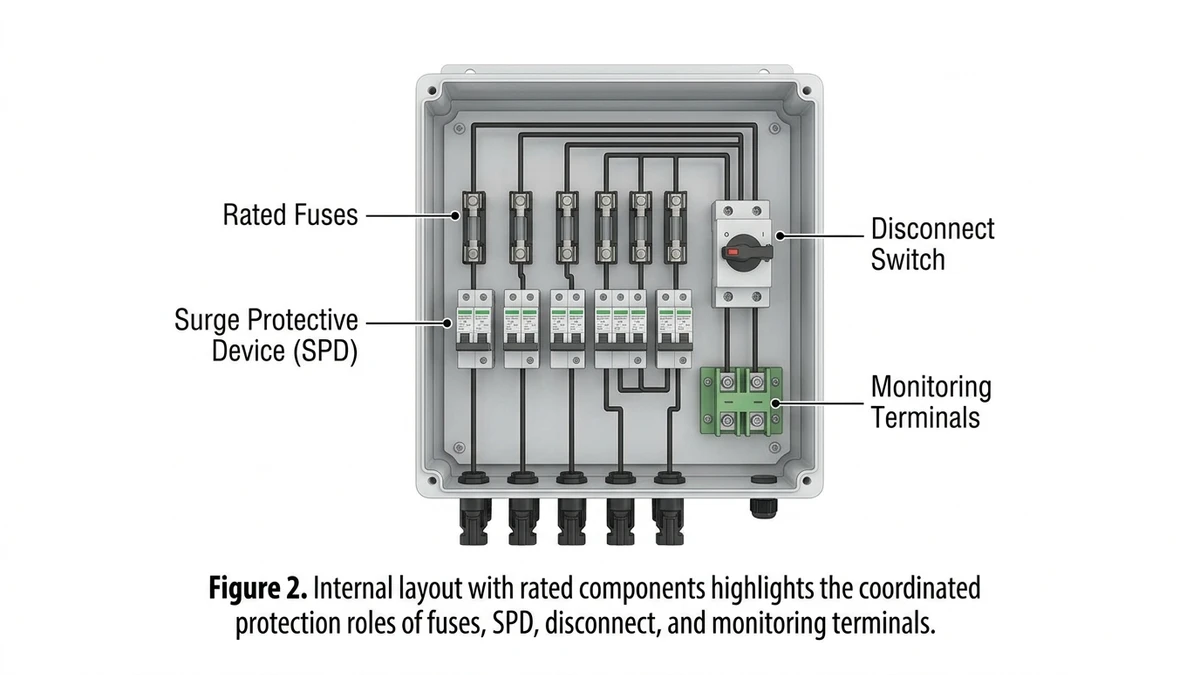 ** 6-string PV combiner box internal layout showing rated fuse, SPD, disconnect - **Caption:** Figure 2. Internal layout with rated components highlights the coordinated protection roles of fuses, SPD, disconnect, and monitoring terminals. - **Suggested aspect ratio:** 16:9