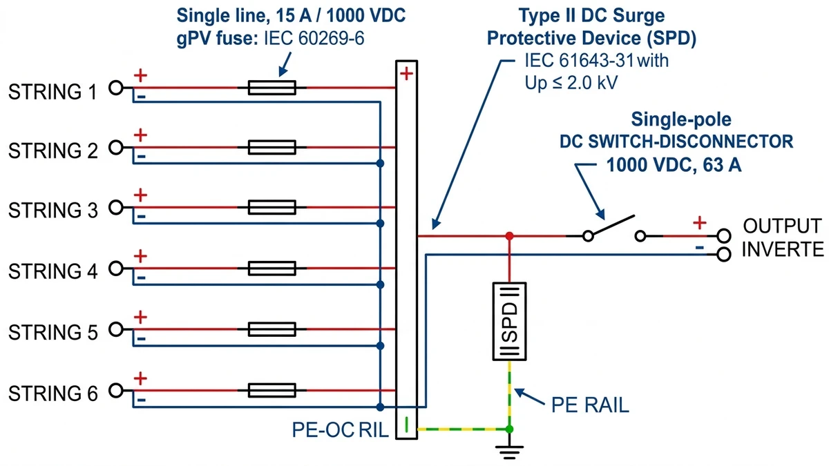 ** 6-string PV combiner box single-line wiring diagram with fuse and SPD - **Caption:** Figure 4. Single-line wiring diagram shows six fused string inputs, busbar aggregation, surge protection, and main DC isolation before inverter output. - **Suggested aspect ratio:** 4:3
