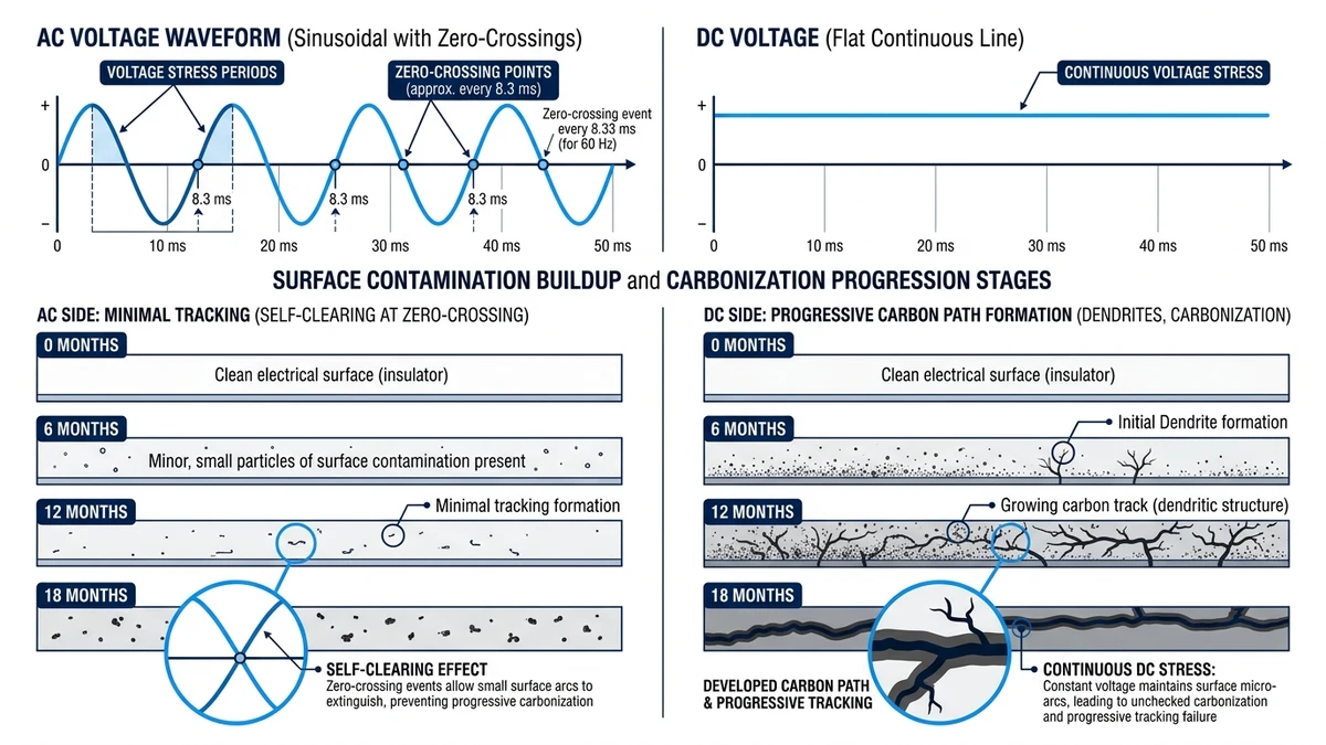 ** `AC versus DC voltage stress comparison showing zero-crossings and progressive surface tracking carbonization over 18 months timeline