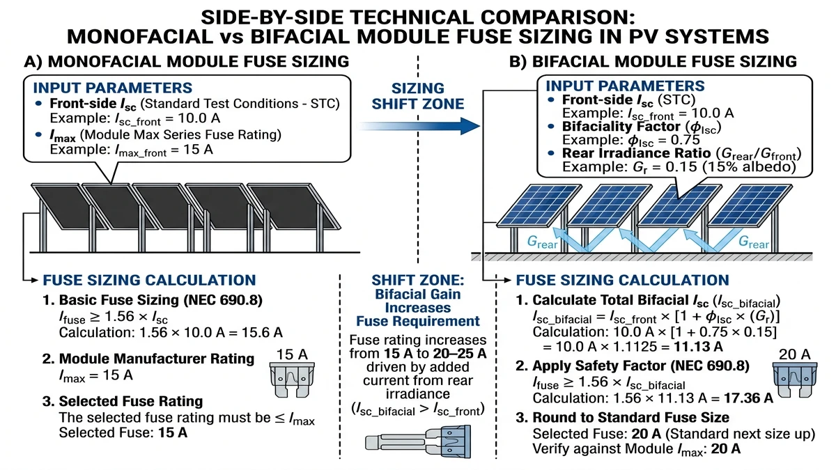 ** Solar DC protection fuse sizing comparison for monofacial and bifacial PV modules - **Caption:** Figure 2. Bifacial gain increases effective short-circuit current and can shift gPV fuse selection above legacy monofacial sizing assumptions. - **Suggested aspect ratio:** 4:3