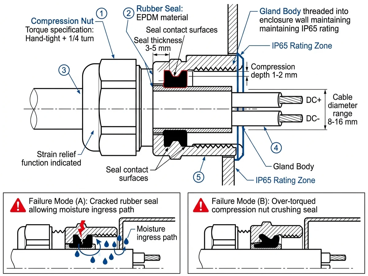 ** `Cable gland cross-section showing compression nut, EPDM rubber seal, cable jacket, and common failure modes: cracked seal and over-torquing for IP65 combiner box