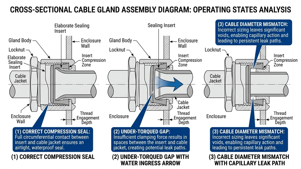 ** Cable gland seal diagram showing proper compression, under-torque gap, and diameter mismatch - **Caption:** Figure 3. Cable gland sealing reliability depends on torque, thread engagement, and cable diameter fit. - **Suggested aspect ratio:** 16:9