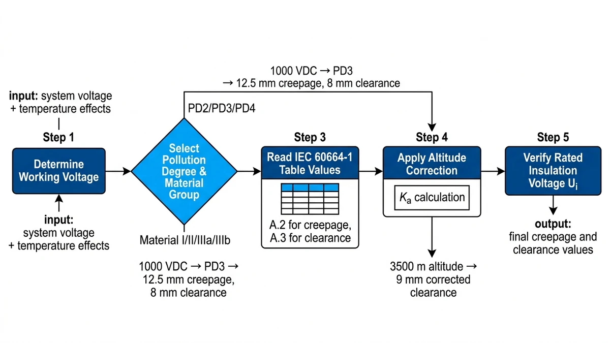 ** `Five-step flowchart for calculating IEC 60664-1 creepage and clearance distances with altitude correction and material group selection
