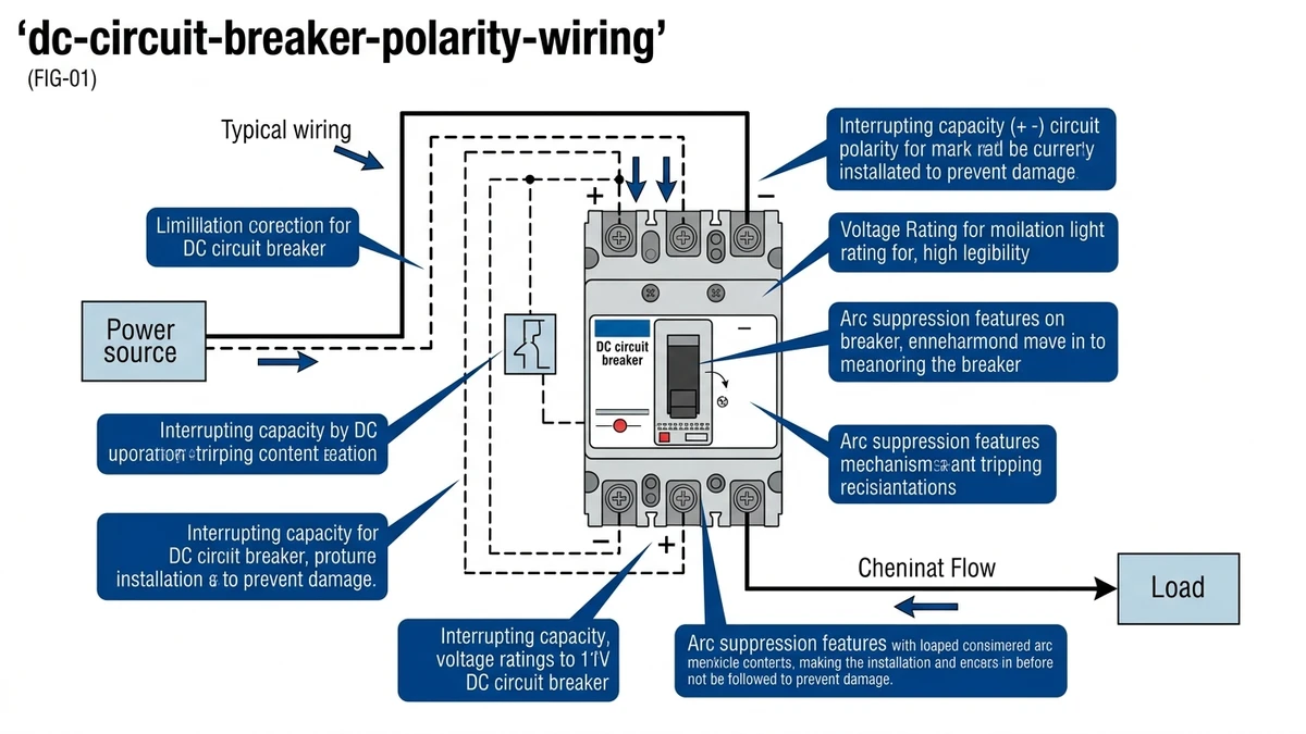 ** `DC circuit breaker cross-section comparing correct polarity arc deflection into chute versus reversed polarity arc migration toward contacts