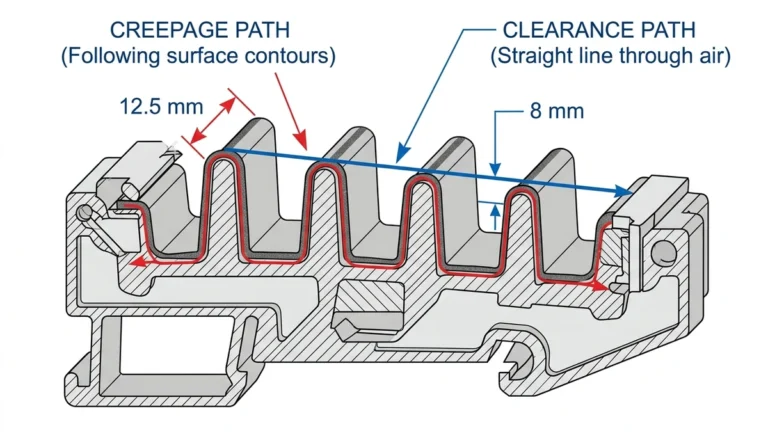 ** `DC circuit breaker creepage and clearance paths showing 12.5 mm surface distance versus 8 mm air gap with insulator ribs