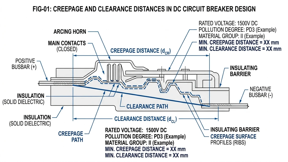 ** `DC circuit breaker terminal cross-section showing creepage surface path 12.5 mm and clearance air gap 8 mm with pollution layer