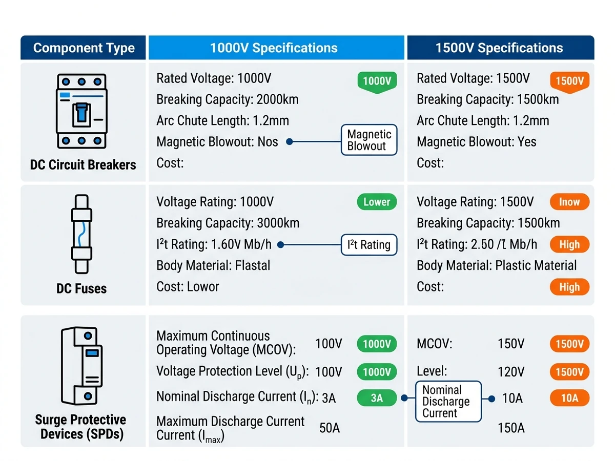 ** `DC circuit breaker, fuse, and SPD specification comparison table for 1000V versus 1500V PV combiner box systems