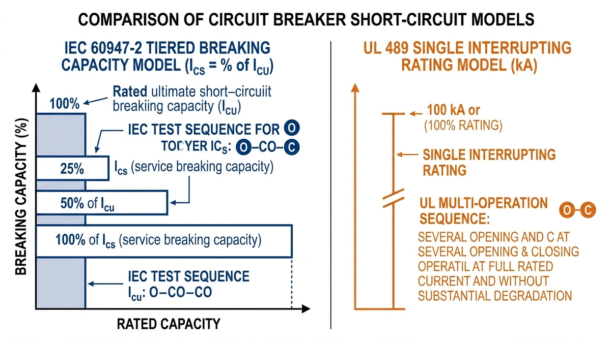 IEC Icu Ics versus UL interrupting rating chart for DC breakers - Caption: Figure 3. Breaking-capacity methodology differs because IEC separates serviceability from ultimate interruption performance. - Suggested aspect ratio: 16:9
