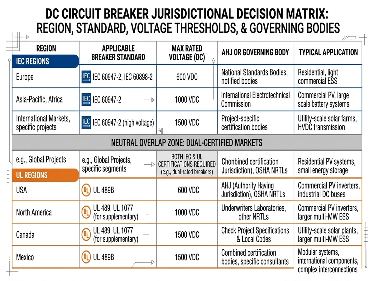 IEC and UL jurisdiction matrix for DC circuit breaker project selection - Caption: Figure 4. Jurisdiction, inspection pathway, and market destination determine whether IEC or UL certification applies. - Suggested aspect ratio: 4:3