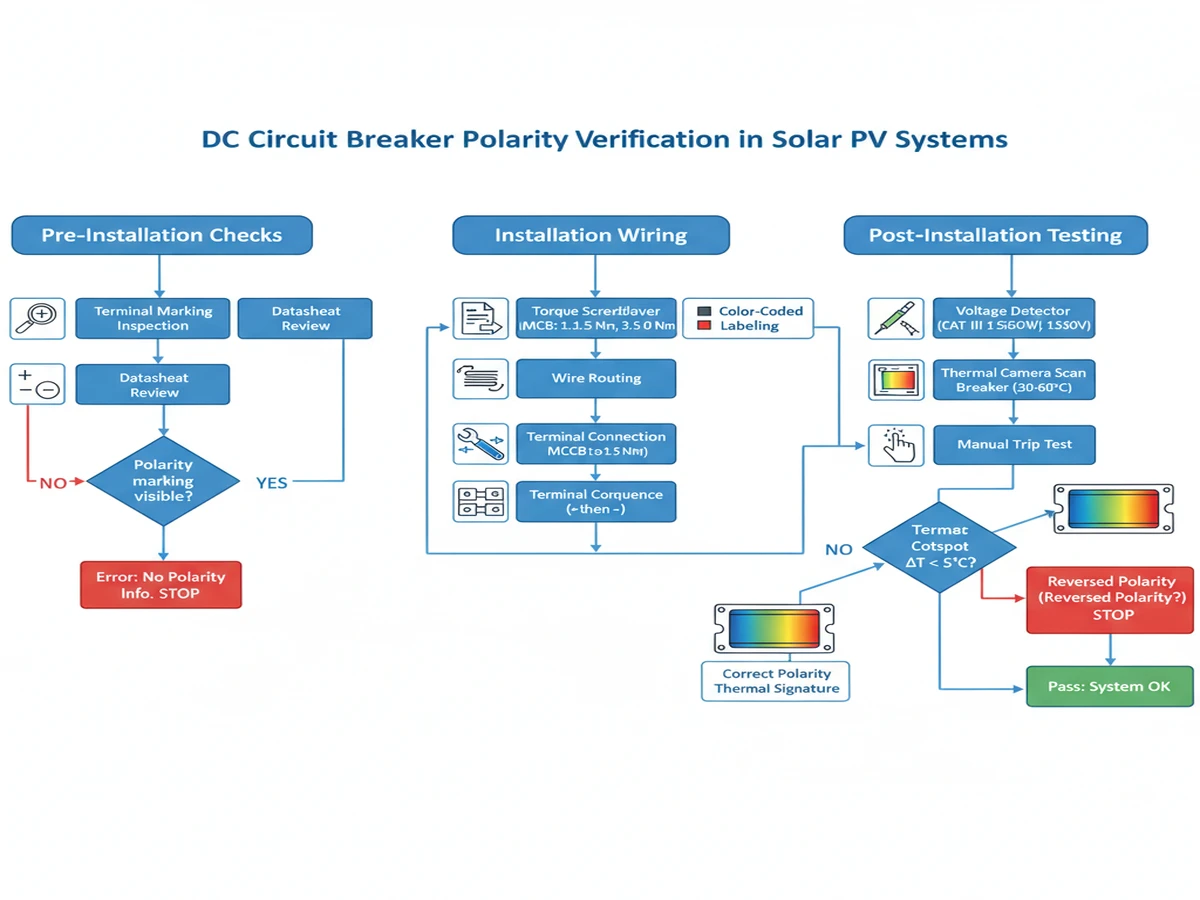 ** `DC circuit breaker polarity verification workflow showing pre-installation checks, wiring procedures, and post-installation thermal imaging testing for solar PV systems