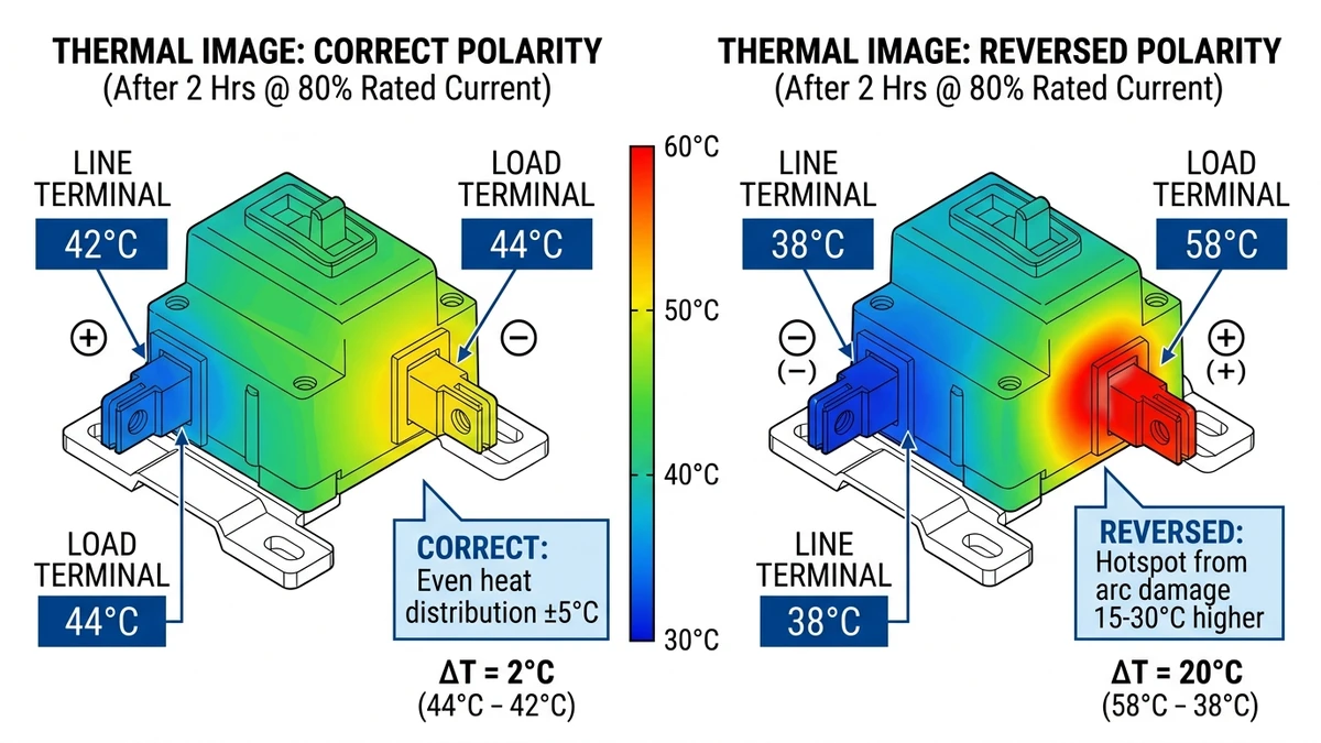** `Thermal imaging comparison showing DC circuit breaker temperature distribution with correct polarity versus reversed polarity hotspot from arc damage