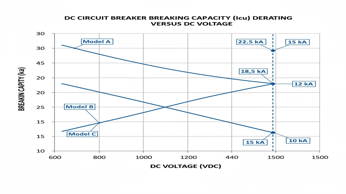 ** `DC circuit breaker breaking capacity derating graph showing Icu reduction from 30kA to 15kA as voltage increases from 600V to 1500V
