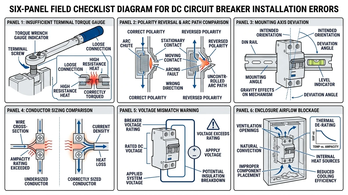 ** DC circuit breaker installation errors showing torque, polarity, ventilation, and mounting issues - **Caption:** Figure 3. Field installation conditions that reduce DC circuit breaker interrupting performance and service life. - **Suggested aspect ratio:** 16:9