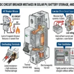 ** DC circuit breaker mistakes overview showing common selection and installation failure modes - **Caption:** Figure 0. Overview of common DC circuit breaker mistakes affecting PV, ESS, and EV charging reliability.