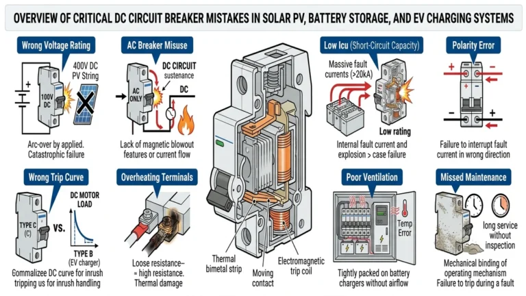 ** DC circuit breaker mistakes overview showing common selection and installation failure modes - **Caption:** Figure 0. Overview of common DC circuit breaker mistakes affecting PV, ESS, and EV charging reliability.