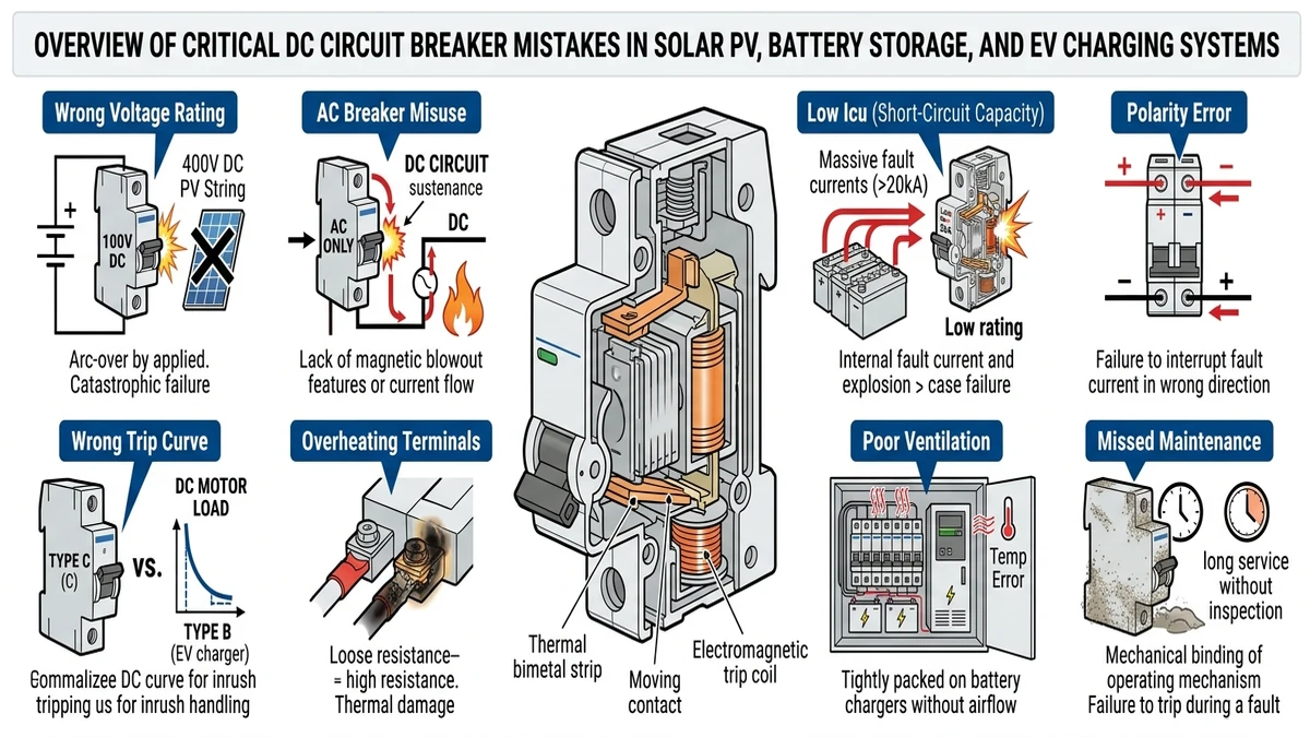 ** DC circuit breaker mistakes overview showing common selection and installation failure modes - **Caption:** Figure 0. Overview of common DC circuit breaker mistakes affecting PV, ESS, and EV charging reliability.