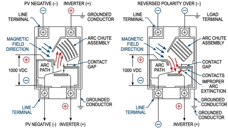 ** `DC circuit breaker polarity comparison showing correct arc deflection versus reversed polarity improper arc extinction in solar PV systems