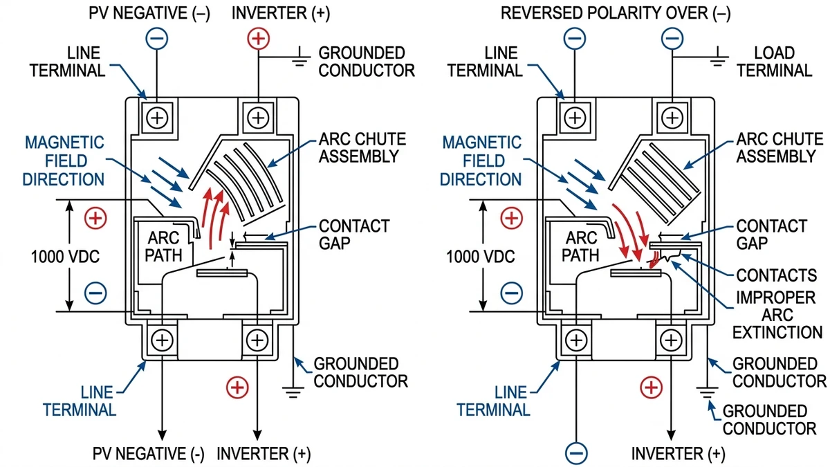 ** `DC circuit breaker polarity comparison showing correct arc deflection versus reversed polarity improper arc extinction in solar PV systems