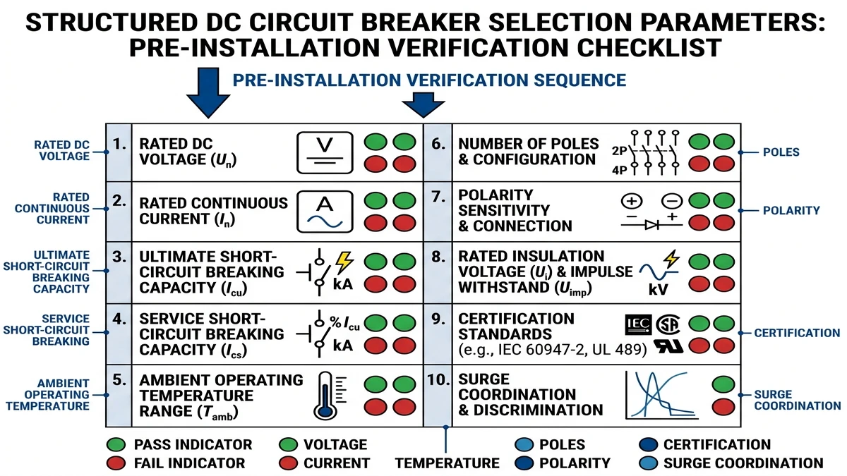 ** DC circuit breaker selection checklist covering voltage, Icu, poles, temperature, certification - **Caption:** Figure 4. Pre-installation checklist for verifying ten DC circuit breaker selection parameters. - **Suggested aspect ratio:** 4:3