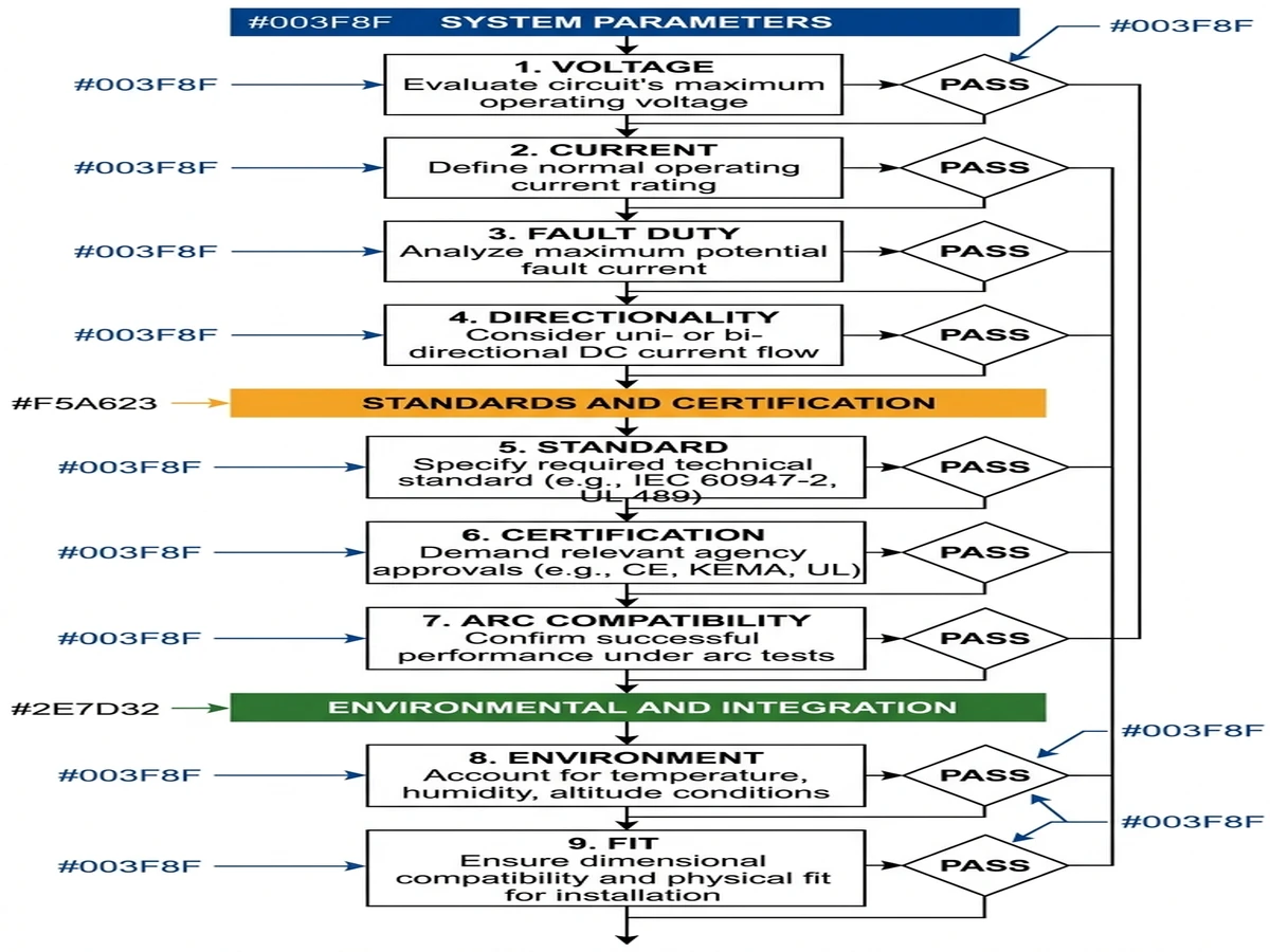 DC circuit breaker specification checklist flowchart for standard and rating selection - Caption: Figure 5. A nine-step selection workflow helps prevent standard mismatch and voltage-rating errors. - Suggested aspect ratio: 4:3