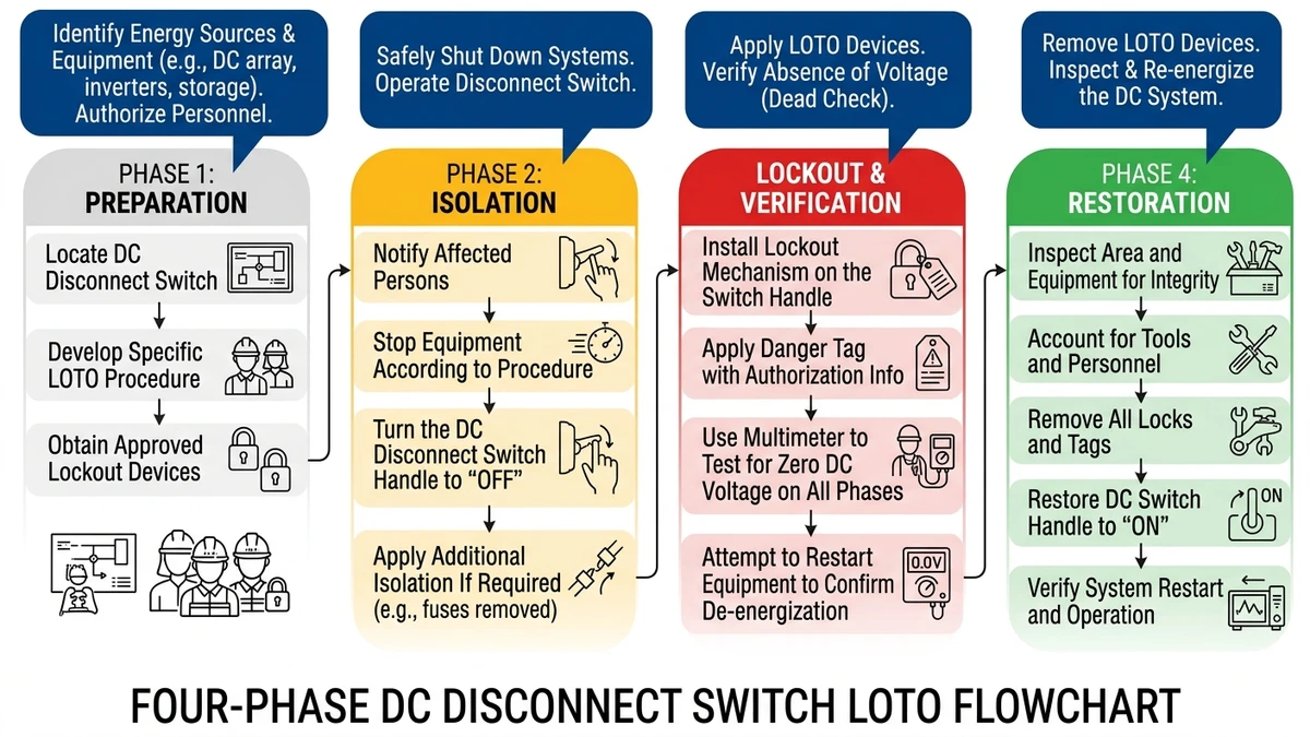 ** DC disconnect switch LOTO flowchart showing preparation, isolation, lockout, verification, restoration - **Caption:** Figure 2. Four-phase workflow for DC disconnect switch LOTO from preparation through restoration with mandatory voltage verification. - **Suggested aspect ratio:** 4:3